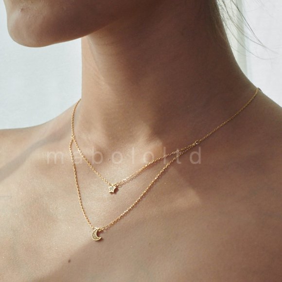 Moon and Star Double Chain Pendant Necklace - Picture 2 of 9